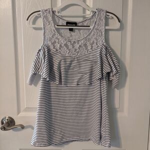 Joe Boxer‎ Cold Shoulder Lace Detailed Short Sleeve Navy/White Striped Top Med